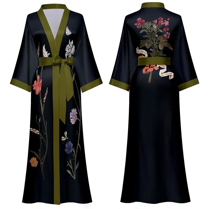 Black Floral Print Long Robe Set Professional Rayon Kimono & Sexy Summer Nightgown Loungewear black Leopard