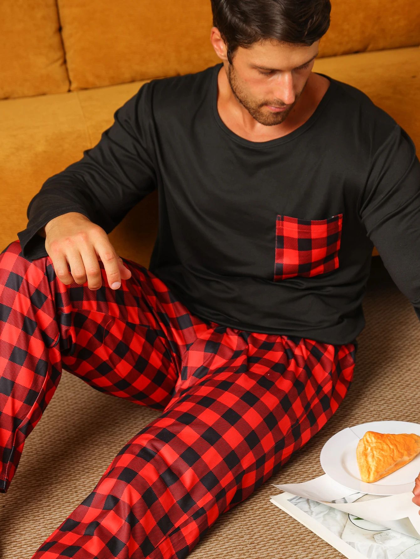 Mens Cotton Plaid Pajama Set Warm Long Sleeve Winter Sleepwear a l