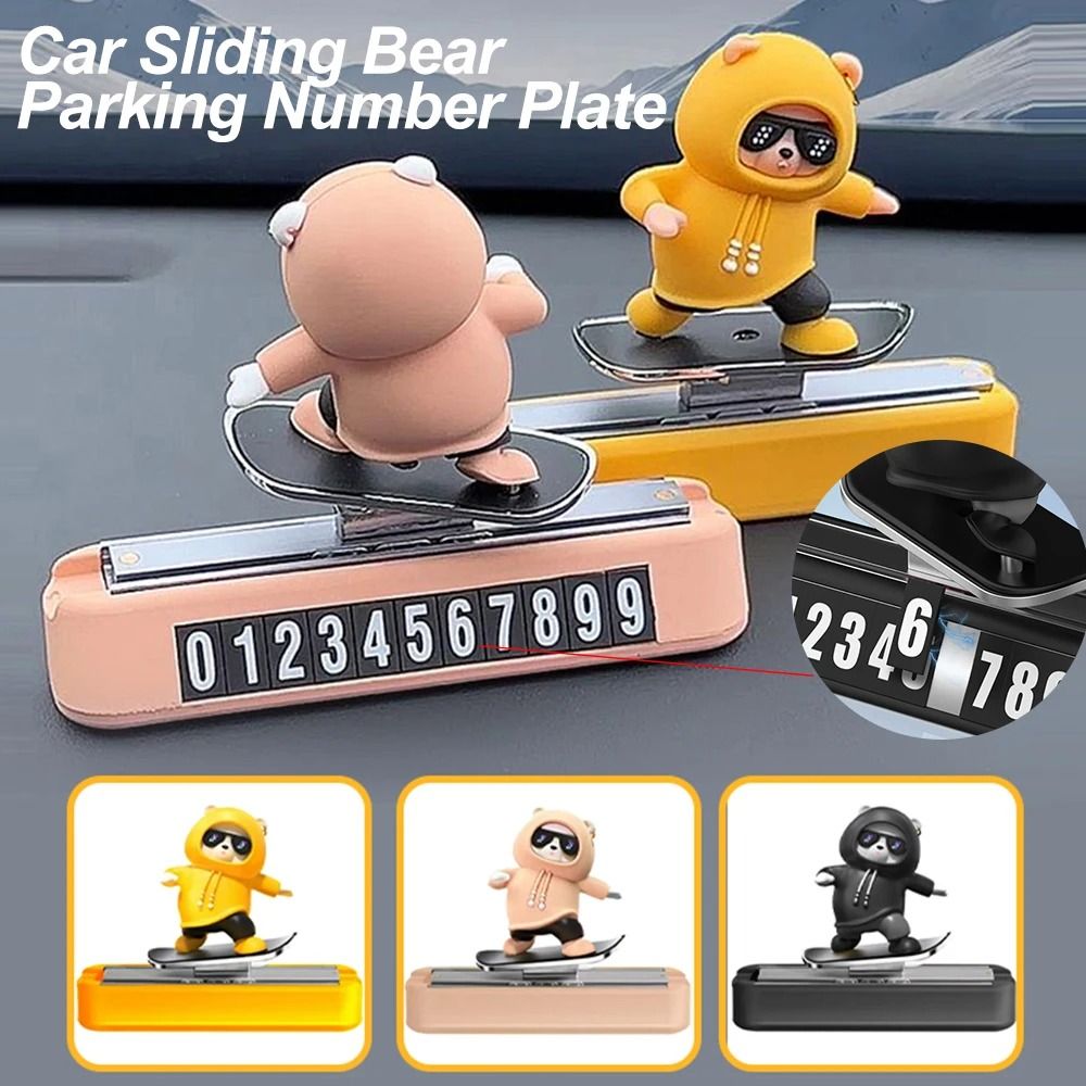 Magnetic Skateboard Bear Dashboard Decoration With Parking Number Plate black (no Number)