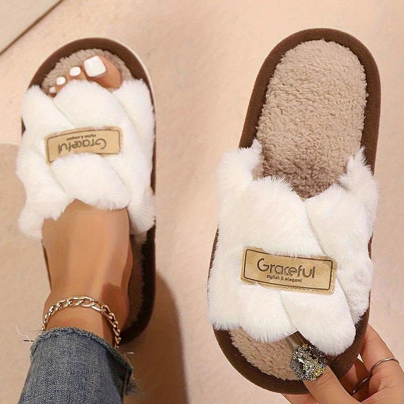 PlushEase Women's Fuzzy Open Toe Indoor Warm Slides Soft EVA Bedroom Slippers white 42 43(us 9)