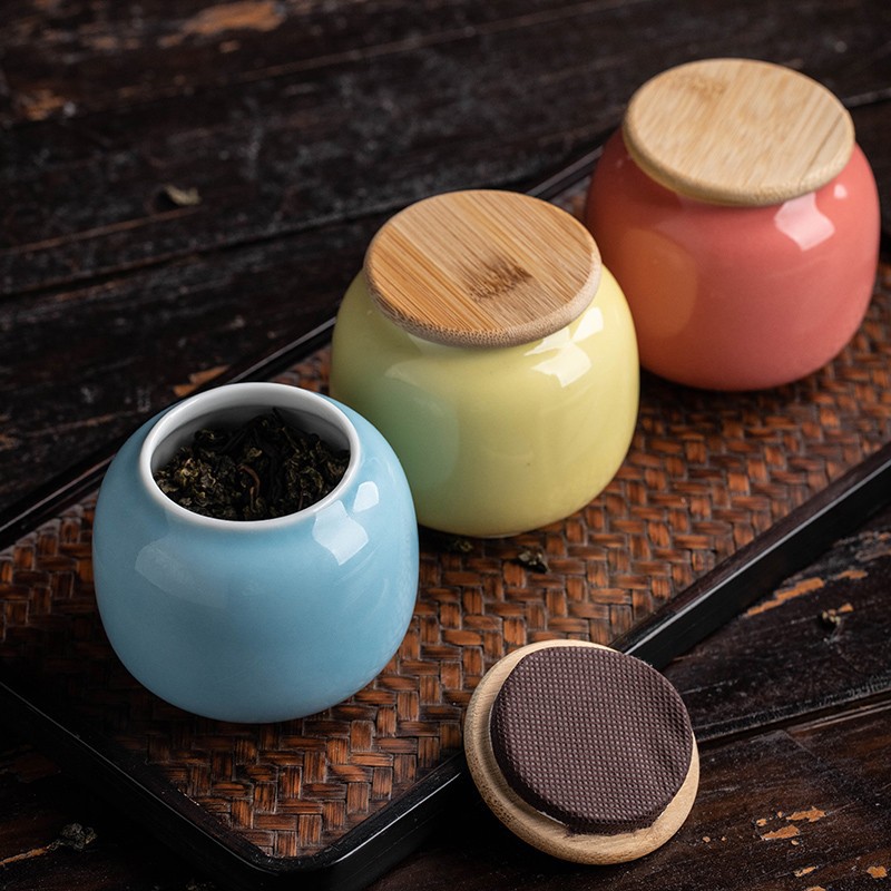 Mini Bamboo Lid Ceramic Tea Candy Box, Vintage Sealed Storage Jar, Home Decoration Gift black