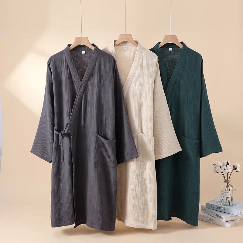 Thin Cotton Yarn Kimono Robes Professional Couple's Bathrobe & Breathable Tied Cardigan Sleepwear men beige xl