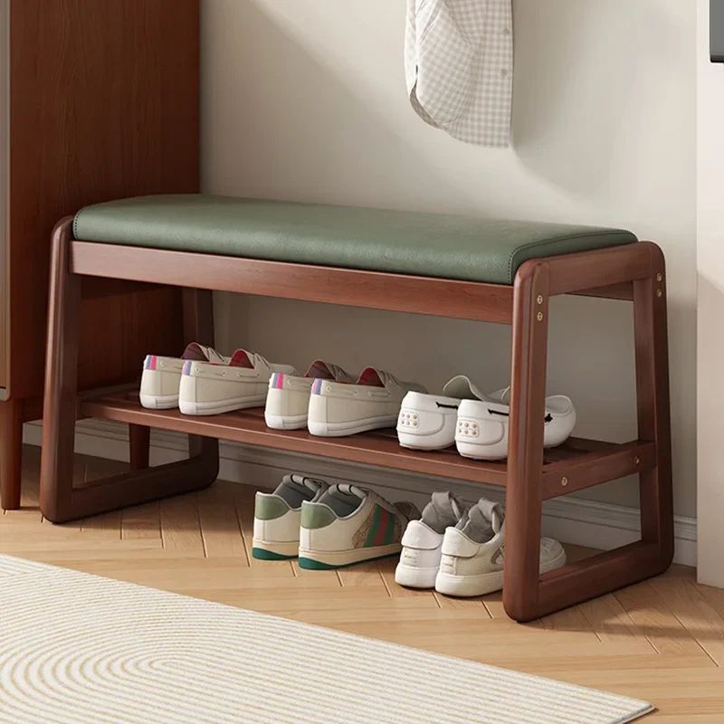 Rattan Woven Shoe Bench With Solid Wood Frame Entryway Multi Layer Storage Stool walnut Color 70cm K