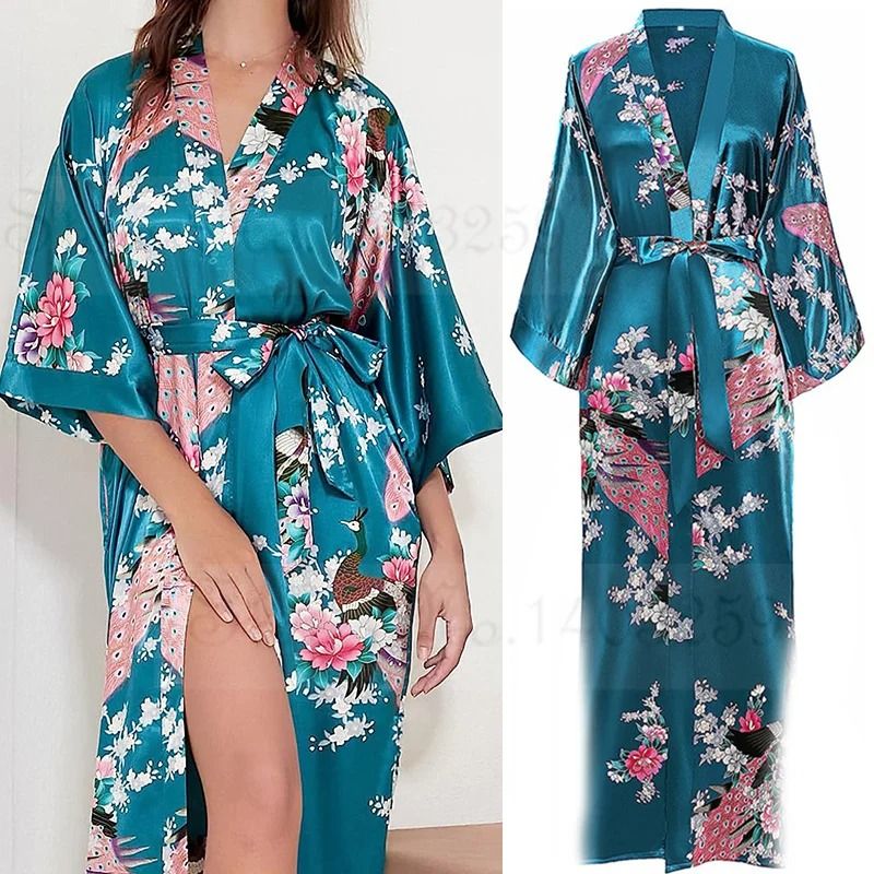 Large Size Peacock Print Kimono Bathrobe Elegant Flower Satin Long Robe & Loose Loungewear Nightgown white A xl