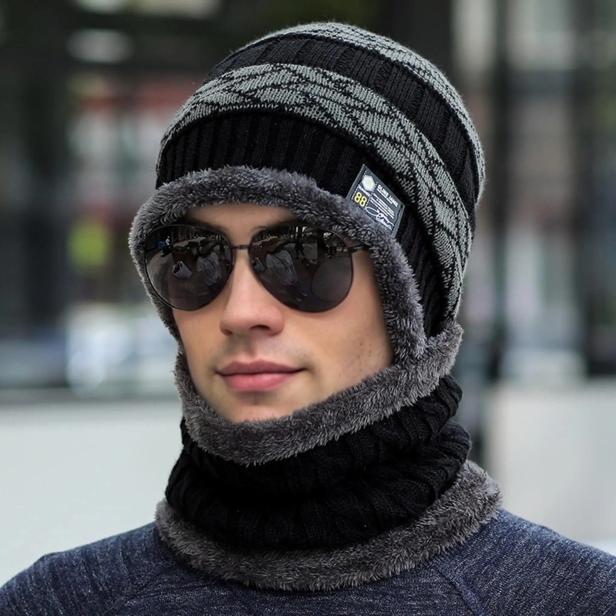 Plush Lined Thermal Knitted Beanie Hat grey