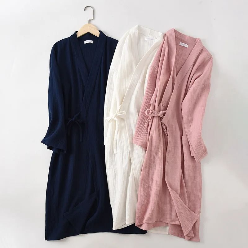 Japanese Cotton Crepe Kimono Robe Professional Couple's Bathrobe & Breathable Spring Autumn Sleepwear light Gray (woman) l