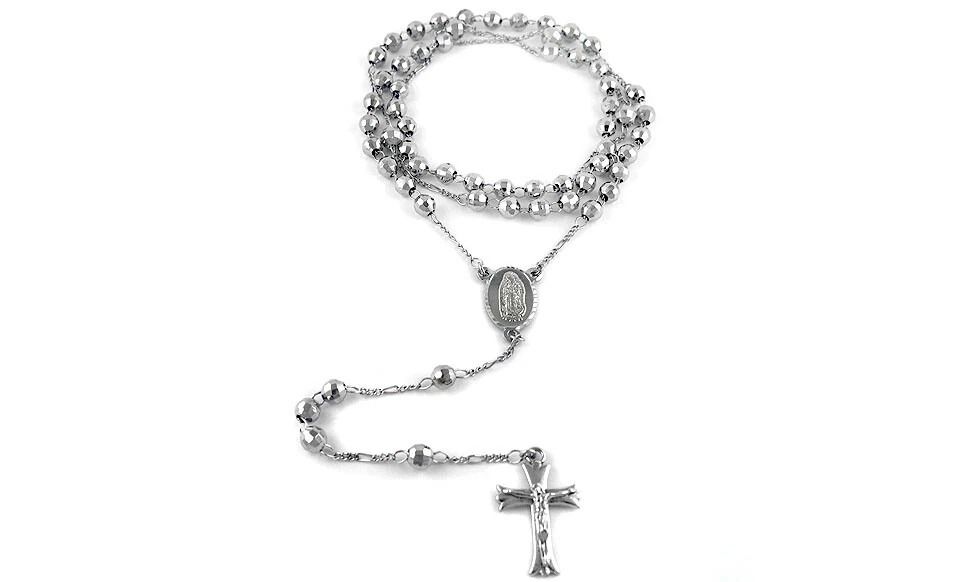 White Gold Plated Diamond Cut Rosary Necklace, Jesus Cross Charm Pendant White Gold Plated Diamond Cut Rosary Necklace, Jesus Cross Charm Pendant