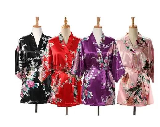 Peacock Print Japanese Kimono Yukata Professional Silk Satin Short Nightgown & Bath Robe Costume pink s