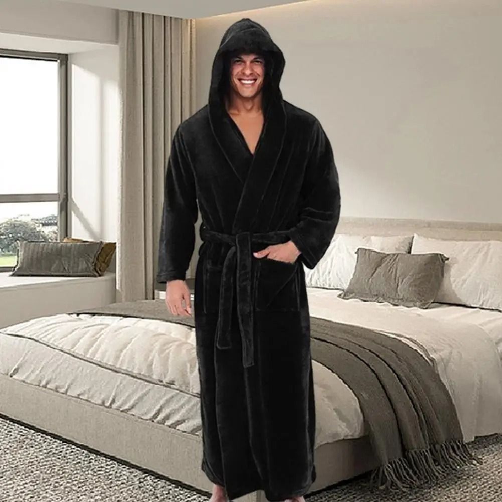 Mens Premium Hooded Flannel Bathrobe Long Quick Dry Sleepwear & Soft Fluffy Home Gown grey xl