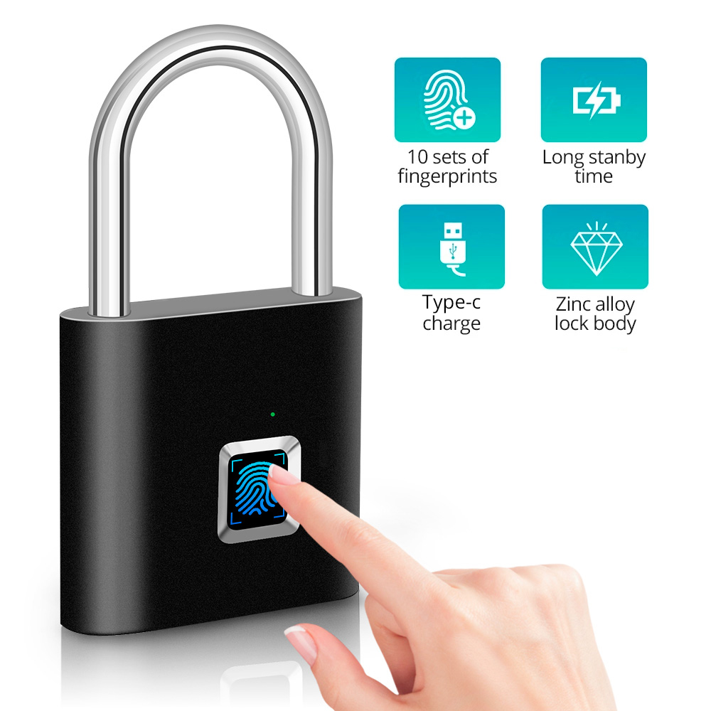 Fingerprint Padlock Waterproof Zinc Alloy Biometric Lock With Rechargeable Battery For Doors, Gym, Locker, And Storage silver