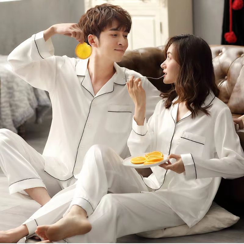 Silk Satin Couples Pajama Set Luxury Long Sleeve Button Down Sleepwear For Women And Men gloss White F xl