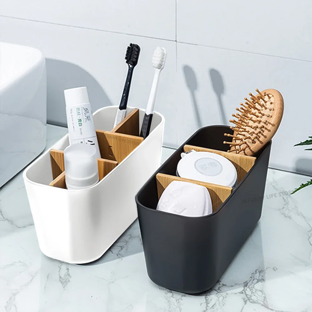 Bathroom Bamboo Toothbrush Stand Makeup Brush Holder Razor Toothpaste Storage Box Electric Toothbrush Stand white 3grid