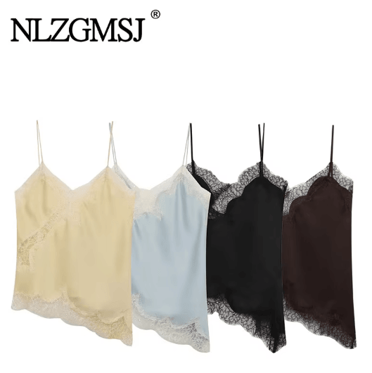 NLZGMSJ 2025 Lace Embellished Camisole Off Shoulder Sleeveless Summer Top as Picture xs(us 2)