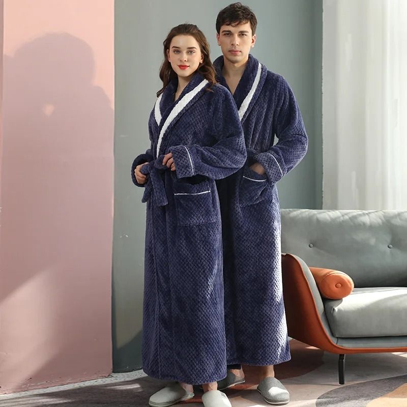 Winter Lovers Thick Flannel Couple Long Bathrobe Set purple m