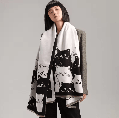 Cute Cat Jacquard Pashmina Scarf Thick Cashmere Winter Shawl & Blanket Wrap For Women black