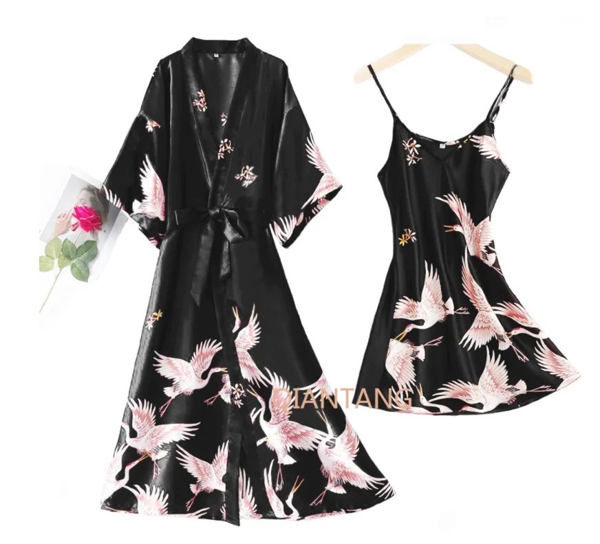 SilkLuxe 2 Piece Satin Pajama Set With Robe For Women black long Set xxxl