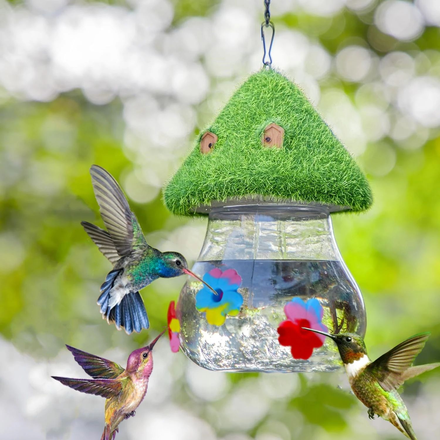 Hanging Hummingbird Feeder With Wind Chime And Mushroom Design 1 Set