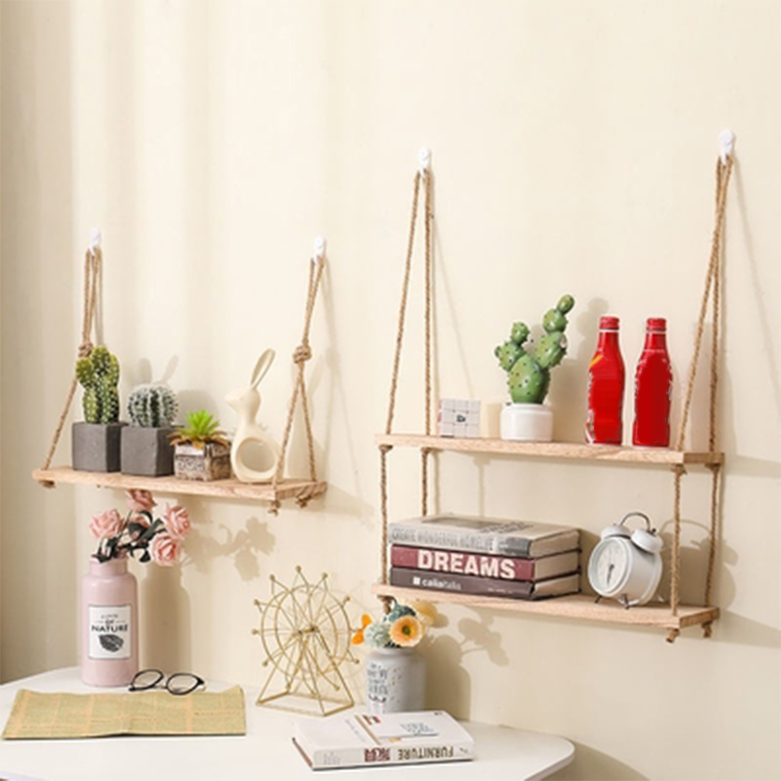 Wooden Floating Shelves For Wall, Hanging Rope Storage, Living Room Decor 3 tiers