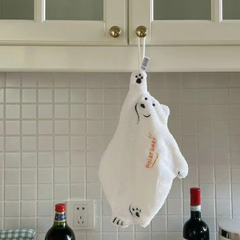 Super Absorbent Polar Bear Hand Wiping Towel, Coral Design, Cartoon Hanging Kitchen Towel white