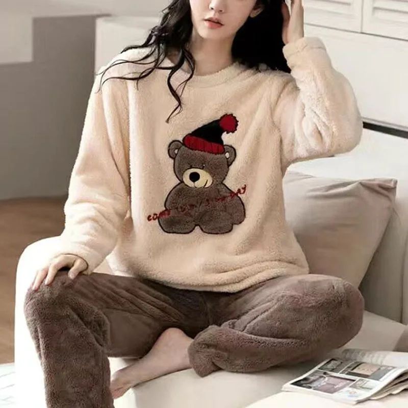 CozyBear Coral Fleece Pajama Set Thick Warm Womens Winter Pajamas With Cute Bear Design xxl(70 80kg)