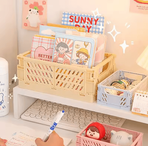 Collapsible Plastic Folding Storage Crate For Desktop And Home Organization pink