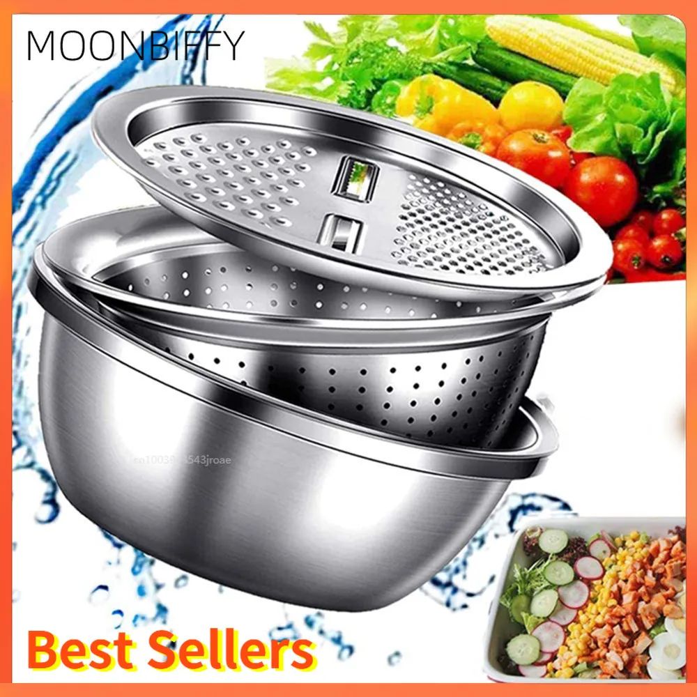 3 in 1 Stainless Steel Grater Bowl With Drain Basket Rinse, Grate & Toss Faster 26cm grater Plate