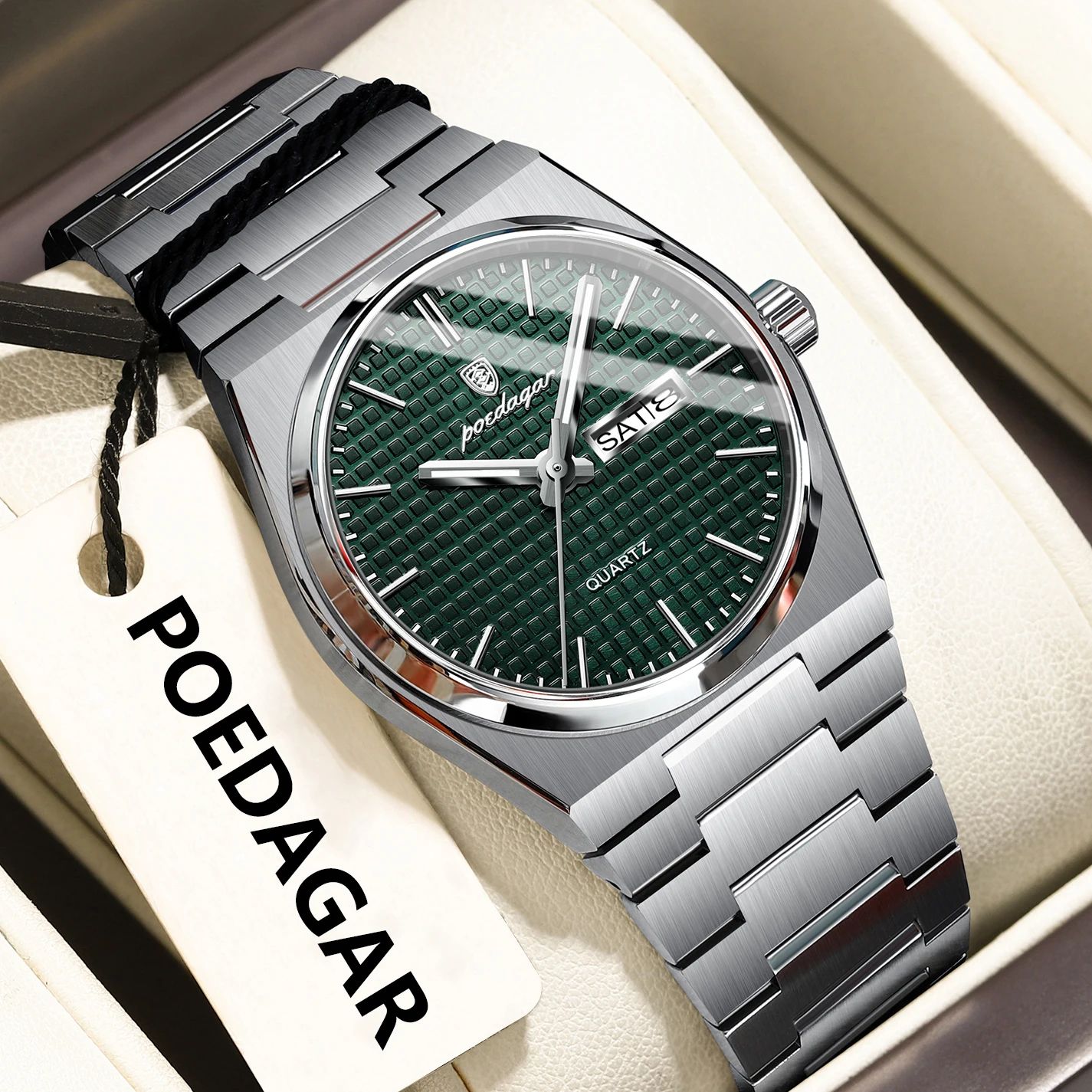 POEDAGAR Luxury Stainless Steel Waterproof Men's Quartz Watch With Luminous Date & Week gold Green