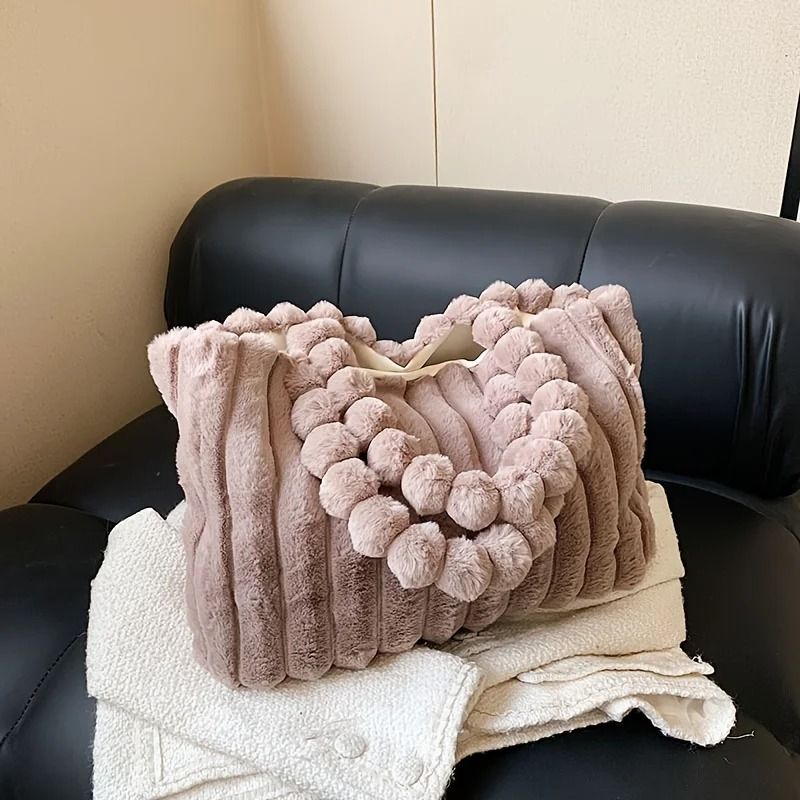 Luxurious Plush Tote Bag Striped Faux Fur Shoulder Handbag pink