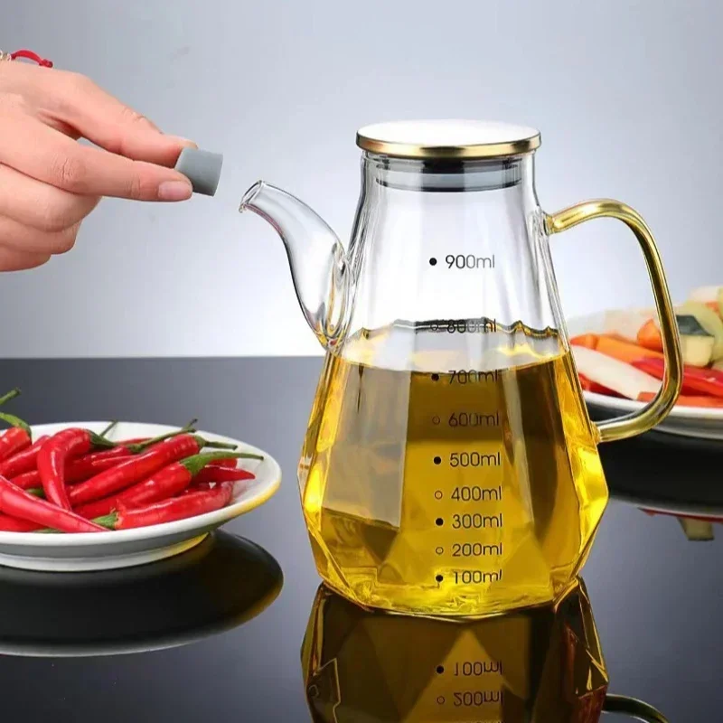 Glass Oil Pots Leak Proof, Diamond Oil Bottle With Scale, Lid Kitchen Soy Sauce Vinegar Condiment Storage 700ml