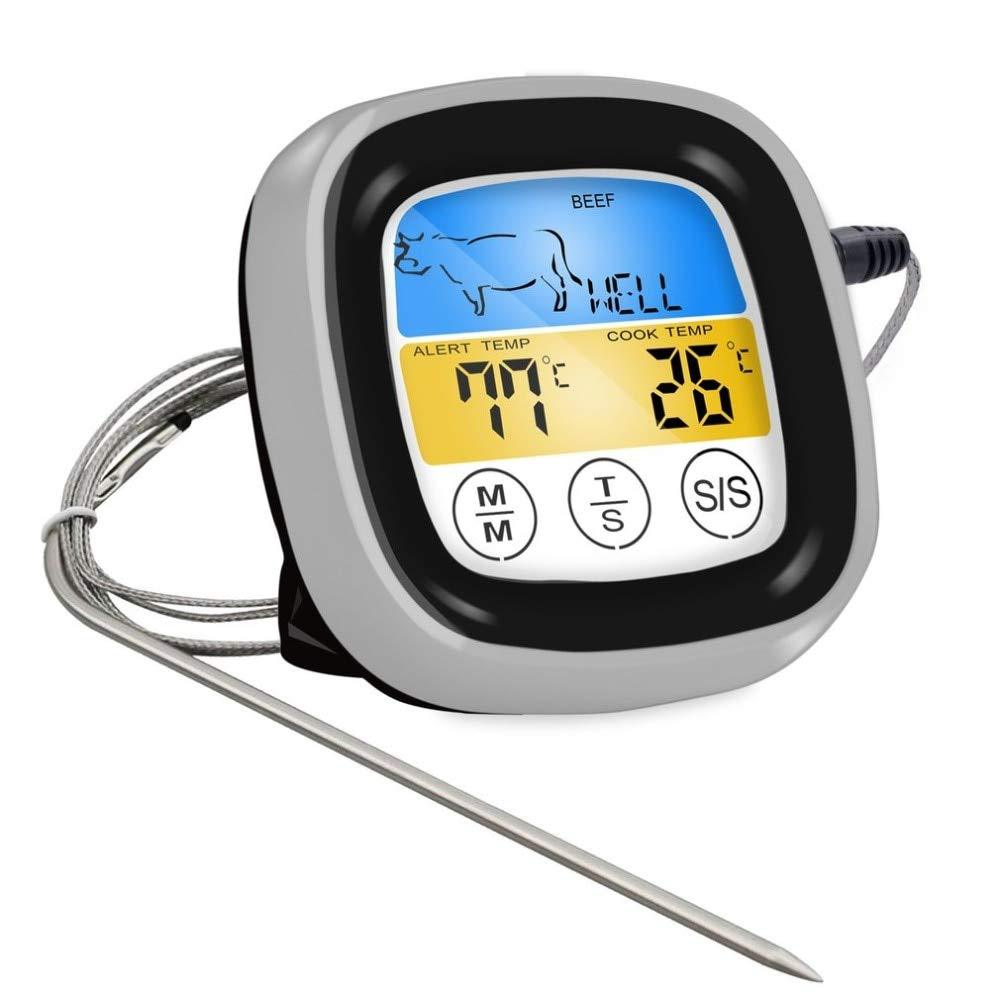 Meat Temperature Probe, Digital Kitchen Food Thermometer, Touchscreen LCD, BBQ Grill Oven Heat Meter With Timer silver