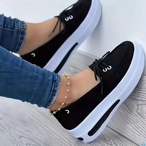 Slip On Women Block Shoes, Closed Toe Platform Sneakers, Flat Wedge Casual Lace Up Shoes For All Day Wear black 10