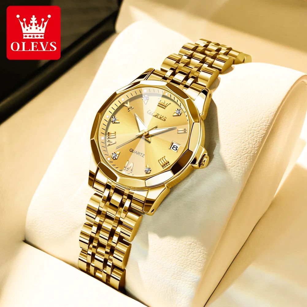 OLEVS Elegant Golden Women's Quartz Watch Waterproof Stainless Steel Luxury Ladies Wristwatch silver White2