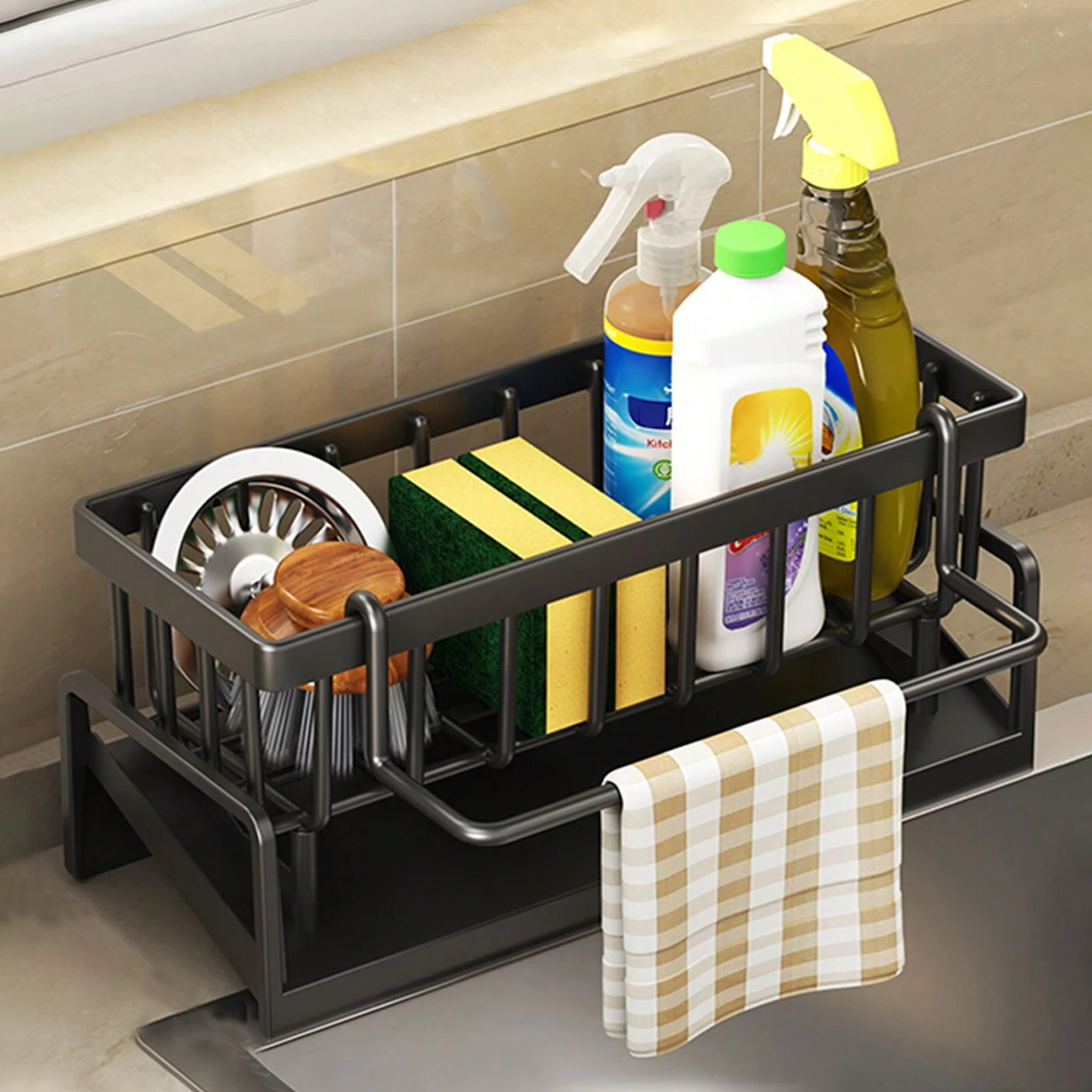 Sponge Holder For Kitchen Faucet, Sink Tidy Tray, Kitchen And Bathroom Tools, Storage Rack black