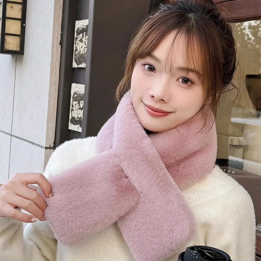 Luxury Faux Rabbit Fur Cross Collar Scarf Women's Thick Winter Furry Neck Warmer pearl Style Khaki