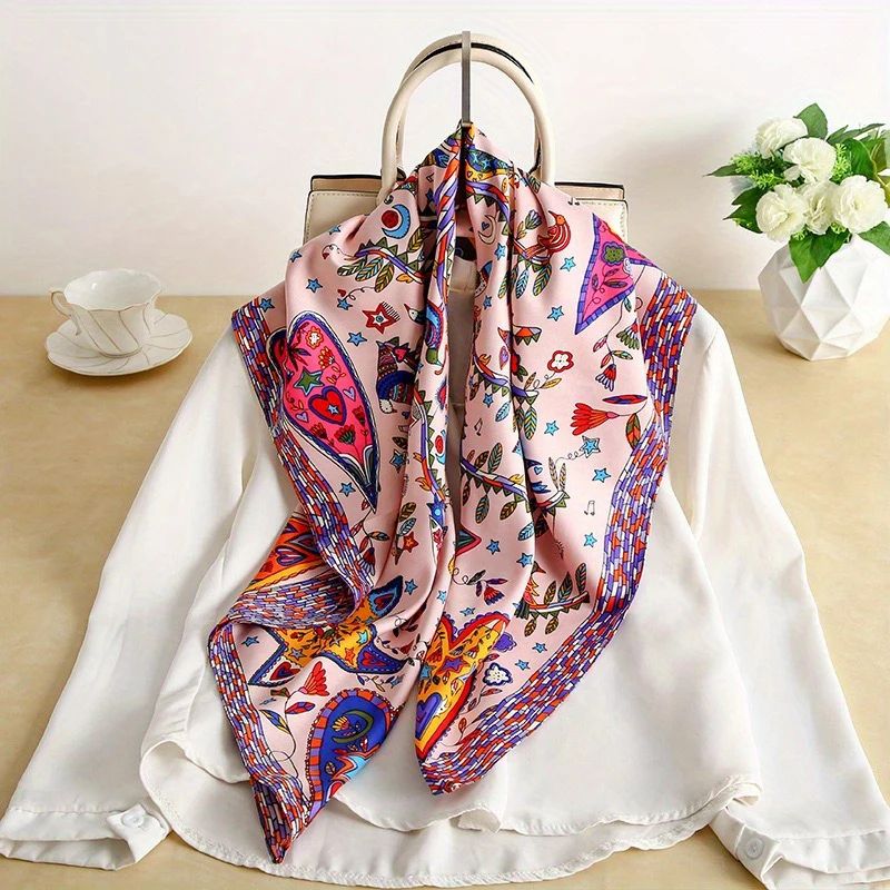 Luxury Twill Silk Feel Square Scarf For Women 35.4in Tree Print Head Shawl, Hijab & Neck Wrap jxb878 01