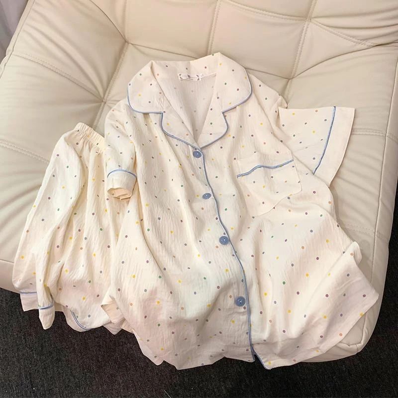 Women Polka Dot Cotton Pajama Set With Top And Shorts d l
