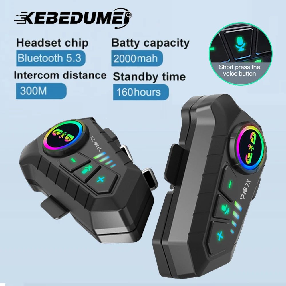 KEBIDUMEI Bluetooth 5.3 Motorcycle Helmet Intercom Headset 300 M Waterproof Rider Communication & Music Sharing 2pcs Soft Mic