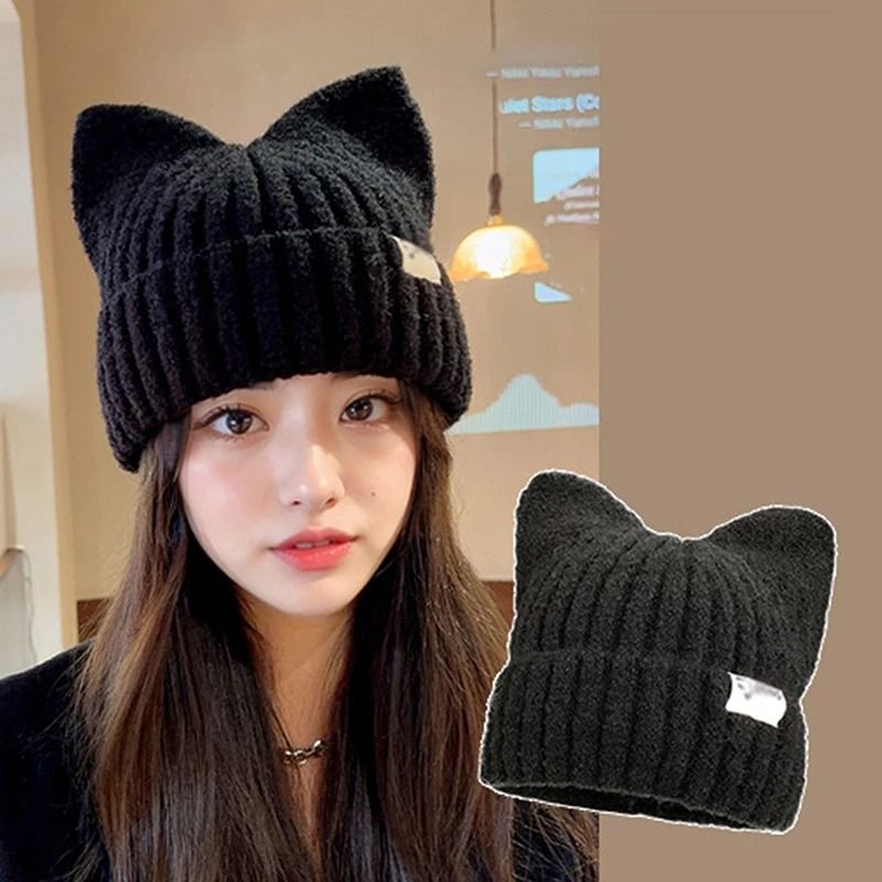 Kawaii Cat Ear Thermal Knitted Beanie blue