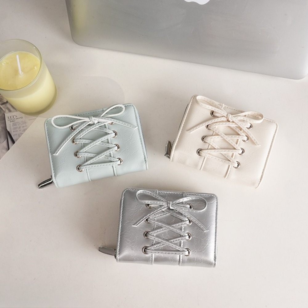 Simple Style Bow Wallet Ultra Thin Zipper PU Leather Card Holder Multi Function Clutch Travel Coin Purse For Women beige