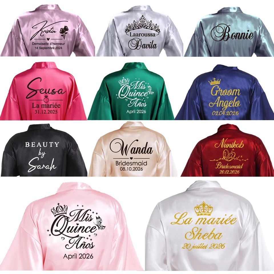 Personalized Faux Silk Bridal Robe With Custom Name & Date Elegant Bride & Bridesmaid Getting Ready Robe black m