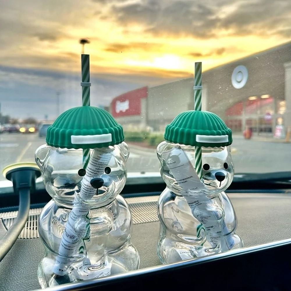 500ml Cute Bear Shaped Coffee Mug Glass Cup With Straw plastic Model