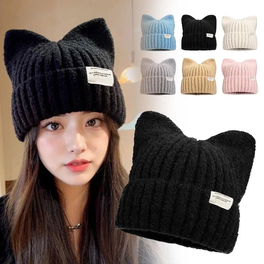 Cute Cat Ear Knitted Winter Beanie black one Size