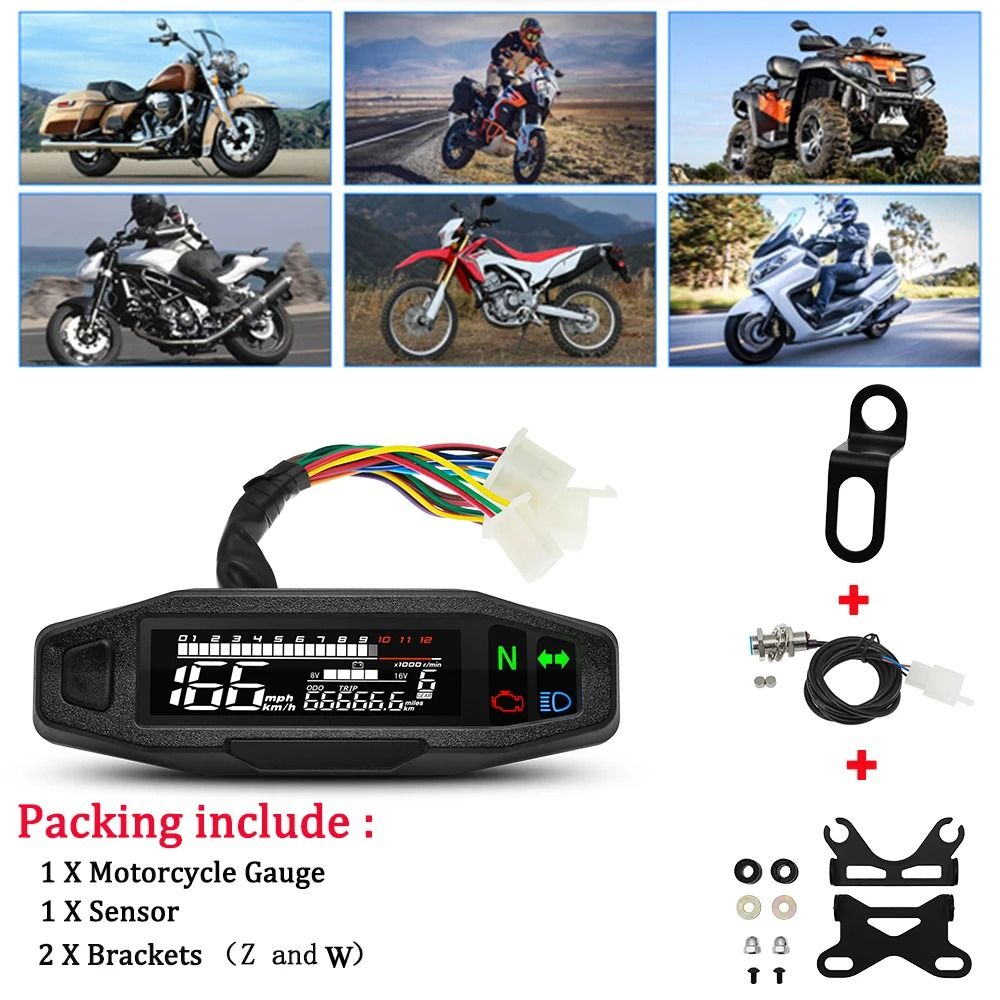 Universal Digital Motorcycle Speedometer | Waterproof Dashboard Instrument With Tachometer & Oil Gauge only Y Bracket