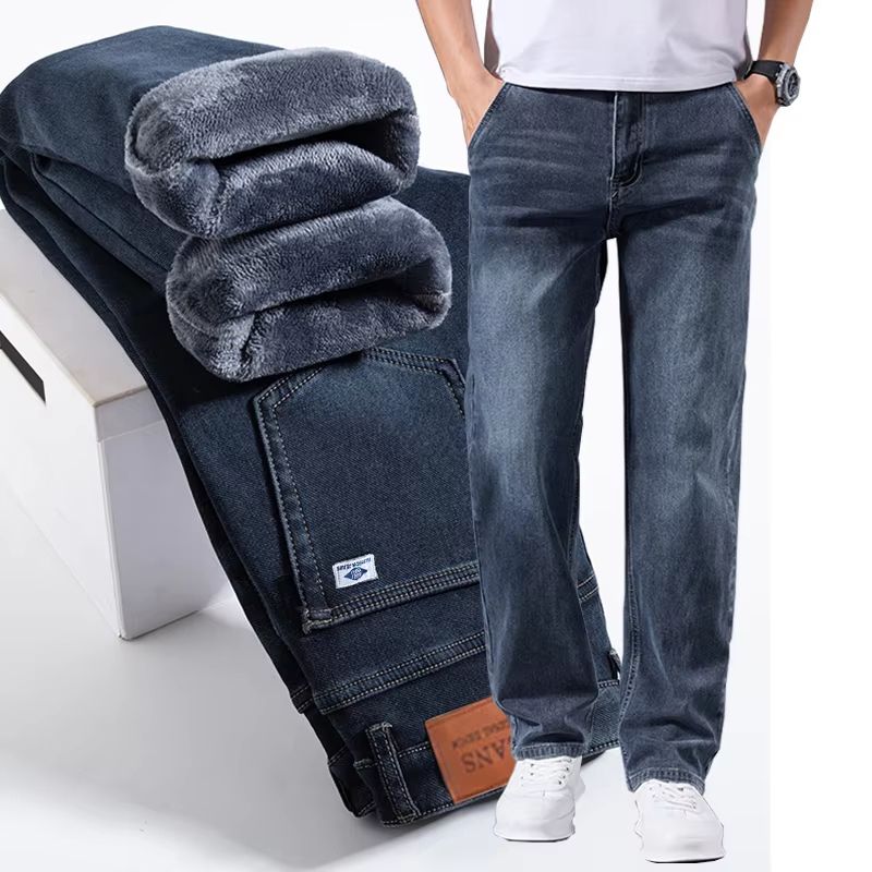 Men's Winter Warm Fleece Lined Stretch Jeans Casual Business Trousers light Blue Fleece 30
