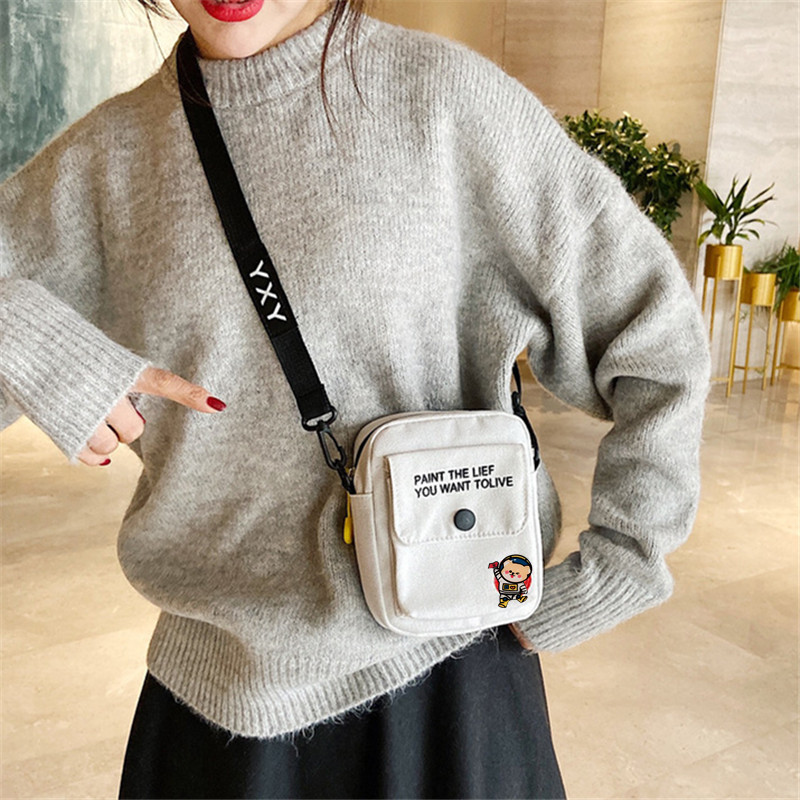 Vibrant Cute Canvas Crossbody Bag Cartoon Shoulder Purse With Phone Pocket Ideal For Students And Trendsetters black