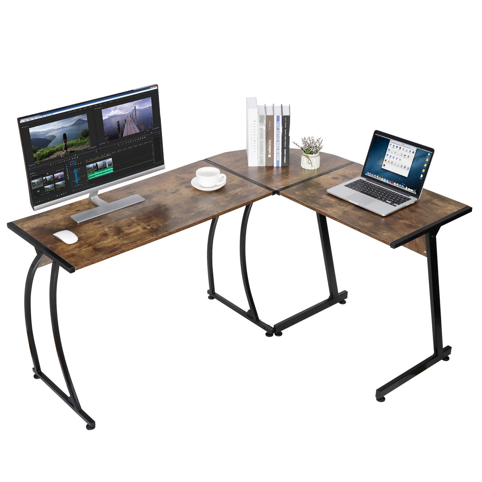 Brown L Shaped Desk, Corner Computer Desk, PC Laptop Table, Spacious Workstation For Home Office Brown L Shaped Desk, Corner Computer Desk, PC Laptop Table, Spacious Workstation For Home Office