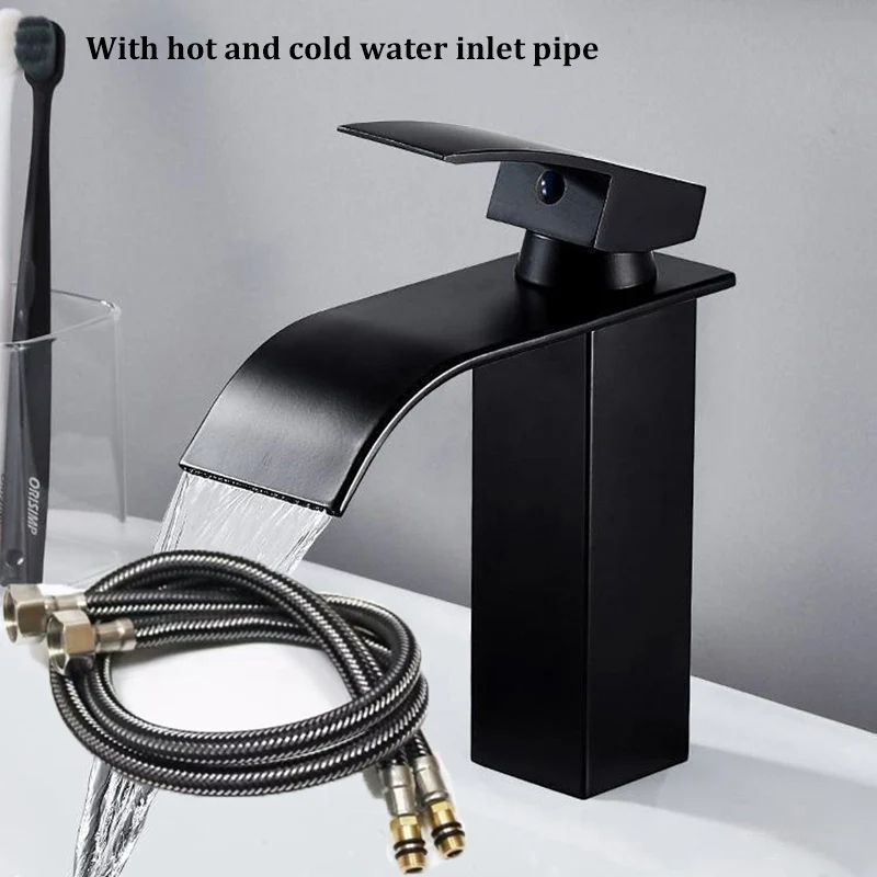 Matte Black Waterfall Bathroom Faucet With Hot & Cold Supply Lines gold Long