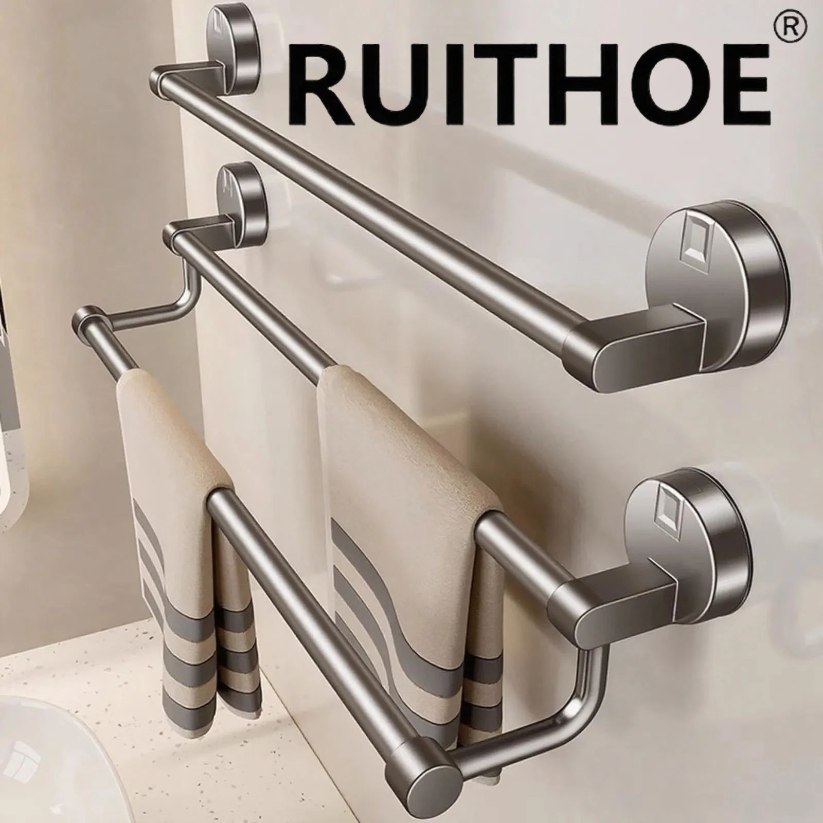 Suction Cup Towel Rack Wall Mount No Drill Double Bar Bathroom Organizer (30 40 50cm) gray 40cm 1 Layer