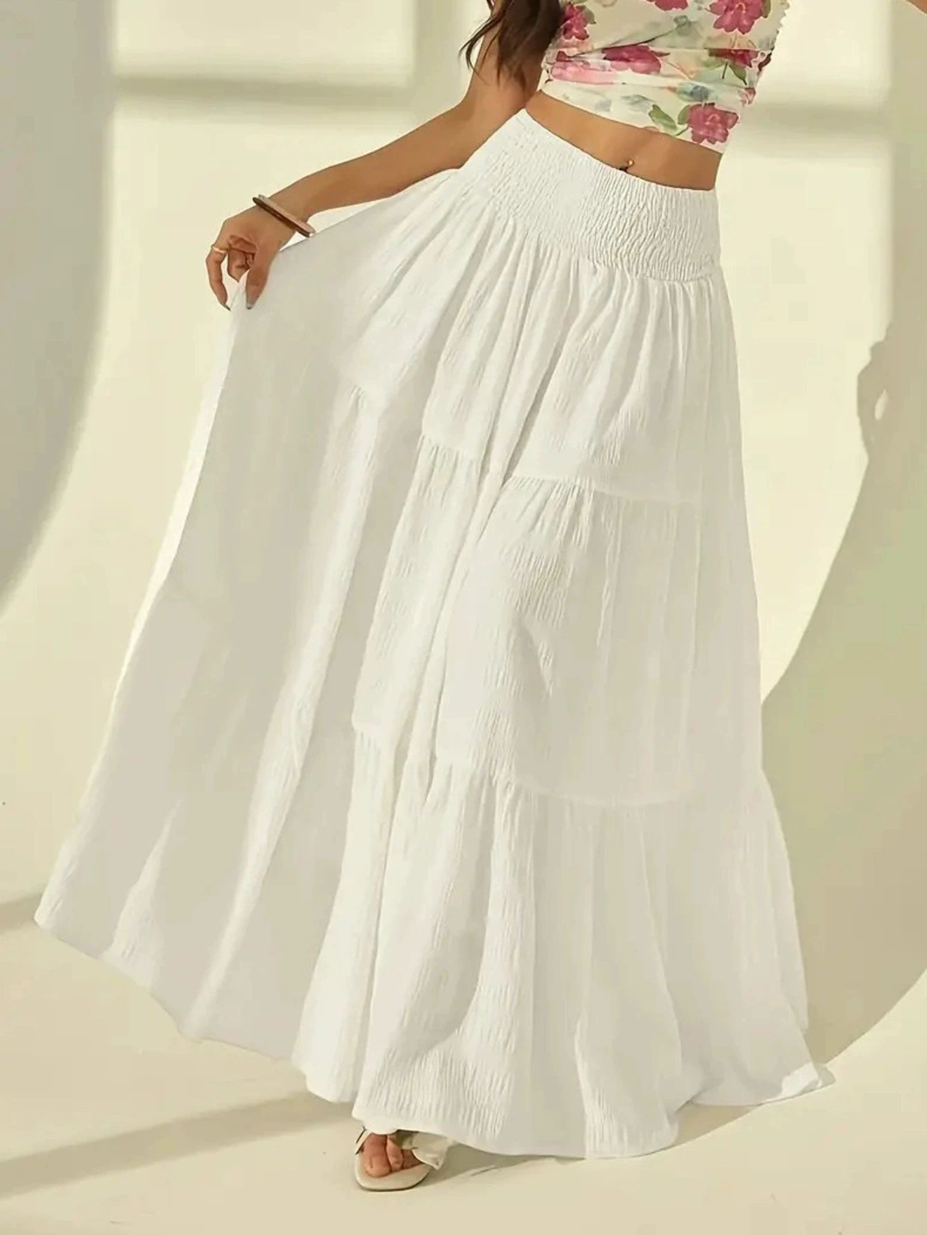 Boho Chic Tiered Maxi Skirt High Waisted Elastic Waist Skirt For Effortless Summer Style white xl(us 12)