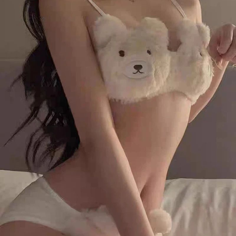 KawaiiBear Plush Winter Bralette Soft Japanese Style Cute Lingerie coffee single 4